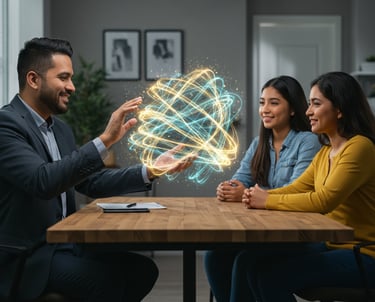 Una imagen fotorrealista de un asesor de seguros de origen latino, de unos 30 años, vestido de maner