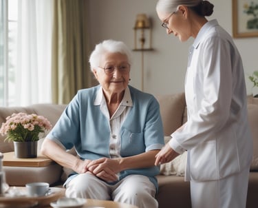 A healthcare professional is administering a vaccine to a young child while a woman, possibly the child's mother, holds the child on her lap. The child is focused on the procedure, and the healthcare provider is smiling, wearing a shirt with colorful heart patterns.