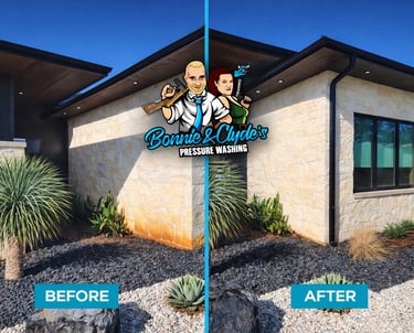 before and after photo of red clay stain washed off house