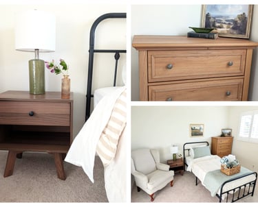 Cozy modern bedroom decor featuring a wooden nightstand, black metal bed frame, and oak dresser.
