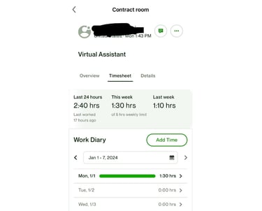 Upwork Time Tracker screenshot of a timesheet showing hours worked with a work diary.