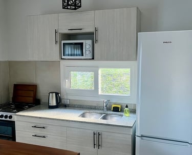 Elementos de la cocina: microondas, heladera, freezer, lavado, pava eléctrica, horno, hornalla, etc.