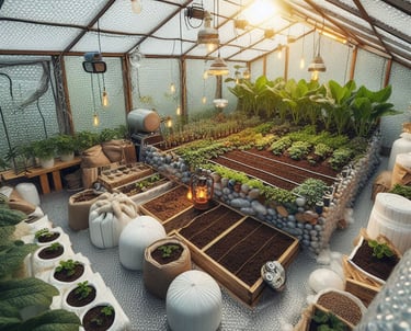 a greenhouse with a variety of plants and composting area, with solar lights