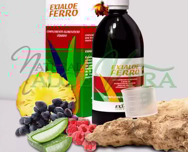 Frasco y caja de Exialoe Ferro, complemento alimenticio con hierro.