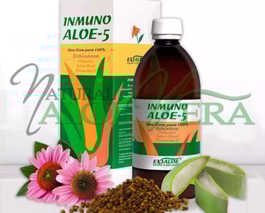 Frasco y caja de Inmunoaloe 5, complemento natural para las defensas.