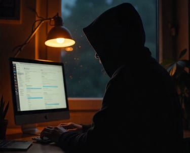 imagem de uma pessoa com capuz de costa mexendo no seu computador que esta com a tela aberta em um s