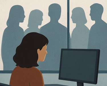 Ilustração-pessoa-atrás-tela-computador -parede-vidro-entre-várias-silhuetas