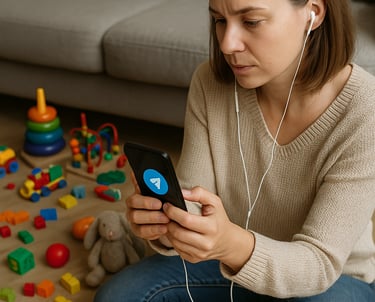 mãe-dando-uma-consultoria-anonima-atraves-telegram-sala-cheia-brinquedo-espalhado