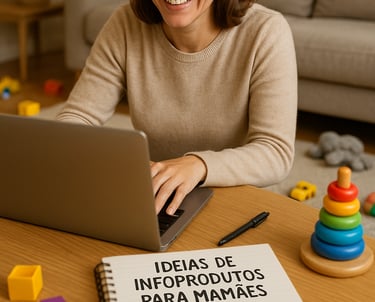 mãe-trabalhando-satisfeita-feliz-notebook-caderno-varios-escritos-ideias-infoprodutos-mamaes-sala-ch