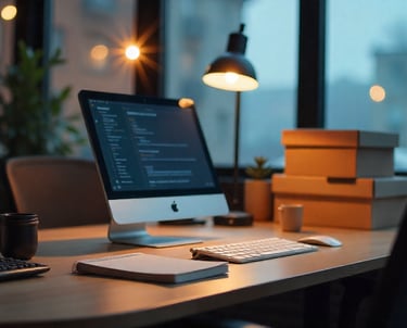 Mesa-organizada-notebook-calculadora-caderno-embalagens