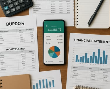 Mesa-vista-cima-vários-materiais -educativos-sobre-finanças