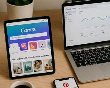 Workspace-organizada-tablet-mostrando-Canva-laptop-Google-Analytics-smartphone-Pinterest-plantas-caf