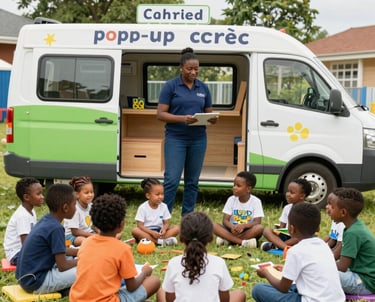 A mobile childcare provider leads an outdoor learning session for children seated in a circle near a pop-up daycare van.