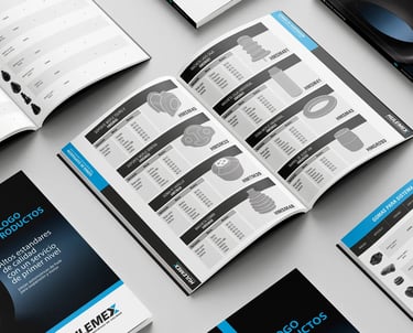 Cataloghi prodotti Hulemex aperti su tavolo, materiali stampati coordinati nel percorso di branding 