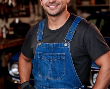 Meccanico sorridente in officina, personalità Hulemex ispirata all’uomo comune vicino alle persone.