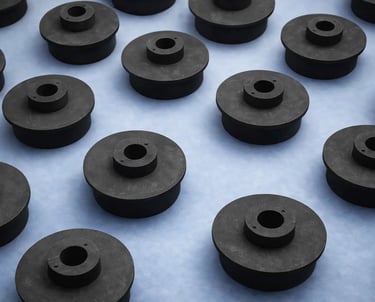 Componenti in gomma Hulemex allineati su sfondo blu, visual per branding consapevole del prodotto.