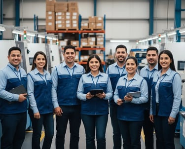 Team Hulemex in reparto produttivo, divise coordinate per branding consapevole e identità visiva 