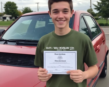 A smiling teen holding a learner's permit with a car in the background.