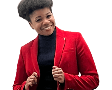 Insurance broker - female smiling with red jacket