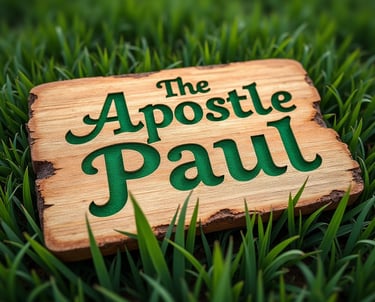 The Apostle Paul carved into a piece of wood on a grassy field.