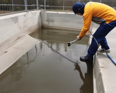 A rectangular swimming pool features two sections with the closer section having darker tiles and a more shallow appearance. The pool is bordered by stone and brick columns supporting wooden beams, creating an open, rustic look. Surrounding the pool is a patio area with lounge chairs, and the scene is set against a backdrop of cloudy sky and trees.