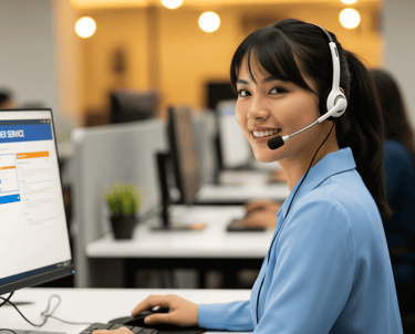 Smiling female call center agent with headset providing customer service at Naukri Bazar Consultancy