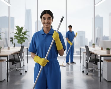 Woman holding a mop, performing cleaning duties at Naukri Bazar Consultancy office.