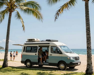 The interior of a camper van features a compact kitchen area with a sink, wooden countertop, and multiple drawers. There are overhead cabinets with warm lighting, along with wood-paneled ceiling and white wall accents. In the background, a cushioned bed is positioned at the rear of the van.