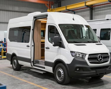 The interior of a camper van featuring a compact kitchen space with a sink and stove. The van has retro-style cabinets and a counter decorated with vintage comic book prints. There is a striped cushioned bench on the left, and the front seats have patterned fabric covers. A small wooden table and a window with a curtain complete the cozy setup.