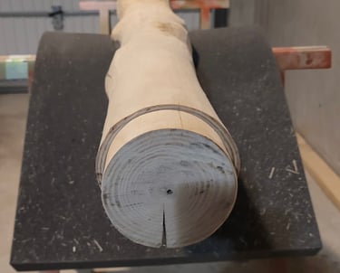 A debarked light wood log being prepared for a woodworking project on a workshop bench.