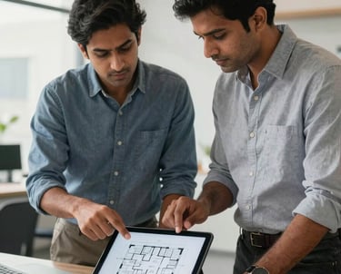 An interior designer and a civil contractor reviewing floor plans on a digital tablet in a bright, modern office space in Faridabad. South Asian / Indian setting.