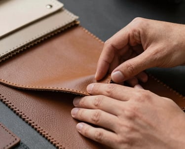 A close-up of a designer's hand selecting leather samples and fabric swatches in a professional studio setting, focusing on rich textures and neutral colors.