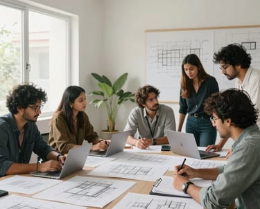 A bright and airy studio space in Faridabad with architectural drawings spread out and a professional team collaborating.