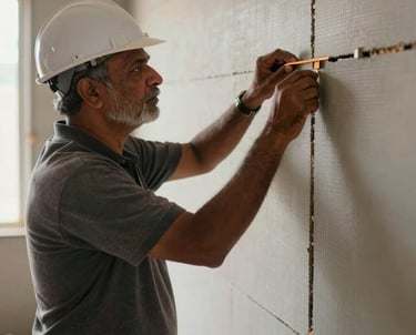 A senior civil contractor in a South Asian / Indian setting, overseeing the precision of a wall cladding installation at a high-end site.
