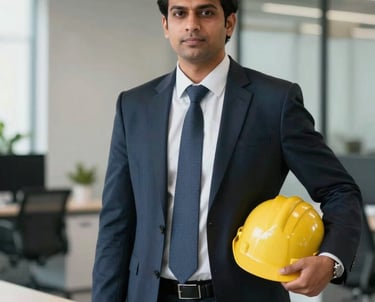 Portrait of a lead project manager in professional attire, holding a site safety helmet, standing in a contemporary finished office space in Gurgaon.