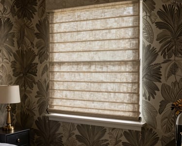 A modern master bedroom featuring designer wallpaper and elegant blinds. The lighting is soft and moody, emphasizing the South Asian / Indian luxury context.