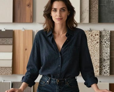 Portrait of a female interior designer in a modern studio environment, surrounded by material samples like wood, fabric, and wallpaper.