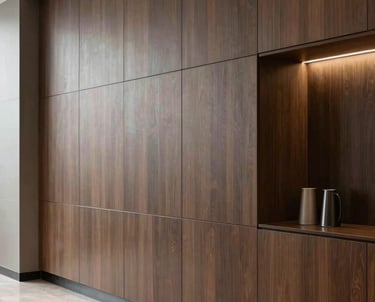 A stylish corporate lobby in Gurgaon featuring elegant wall cladding and high-performance HPL work. South Asian / Indian professional environment, clean lines, muted brown tones.