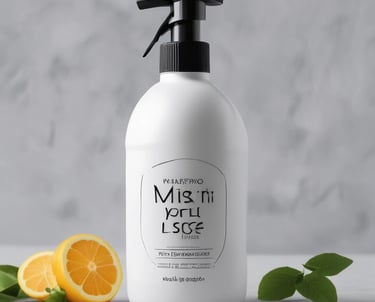 A clean, modern workspace with teal and white accents showcasing bottles of Mist Pro liquid hand wash in various sizes.