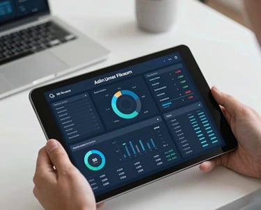 A close-up of a tablet screen displaying sophisticated data analytics dashboards, held by a professional in a modern office, crisp white and slate blue colors.