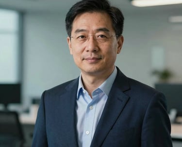 Professional headshot of a data scientist in a corporate setting, soft teal and deep navy blue color tones.