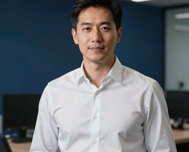 Professional headshot of a software architect in a sleek North American / US corporate office, crisp white shirt, dark navy blue background.