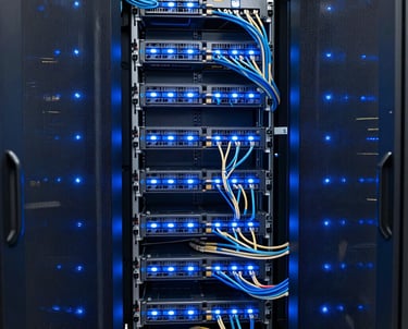 A sprawling corporate server room, perfectly organized cables, glowing slate blue lights indicating high-speed data transfer and cloud efficiency.