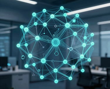 A modern abstract visualization of artificial intelligence and machine learning networks in a corporate environment, utilizing deep navy blue and soft teal.