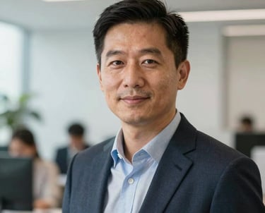 Headshot of a project manager in a well-lit modern corporate environment, North American / US office setting.