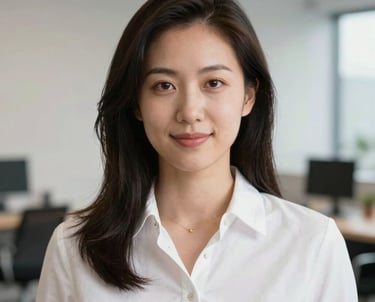 Professional headshot of a UX designer in a bright, modern studio in North America / US, crisp white attire.