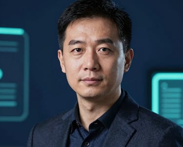 Headshot of a cybersecurity expert in a sleek corporate environment, dark navy blue background with soft teal accents.