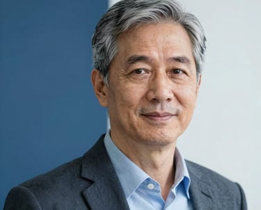 Headshot of a senior systems engineer in a modern corporate setting, slate blue and crisp white background.