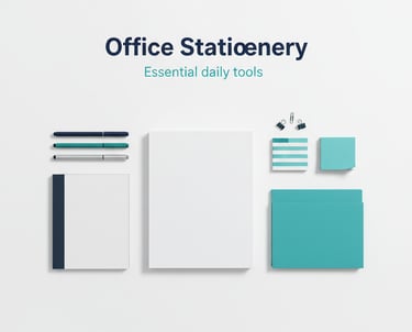 "مجموعة أدوات قرطاسية مكتبية تشمل أوراق A4، دفاتر، أقلام، ملفات ومستلزمات يومية ضمن قسم Office Stati