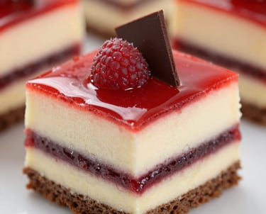 Close-up of a glossy chocolate entremet with delicate gold leaf decoration on a modern ceramic plate.